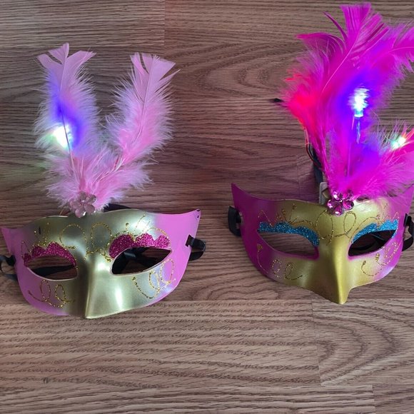 Women Eye Mask Light Up Party Mask Masquerade Mask Pink Feather Mask Lot of 2 - Picture 7 of 10